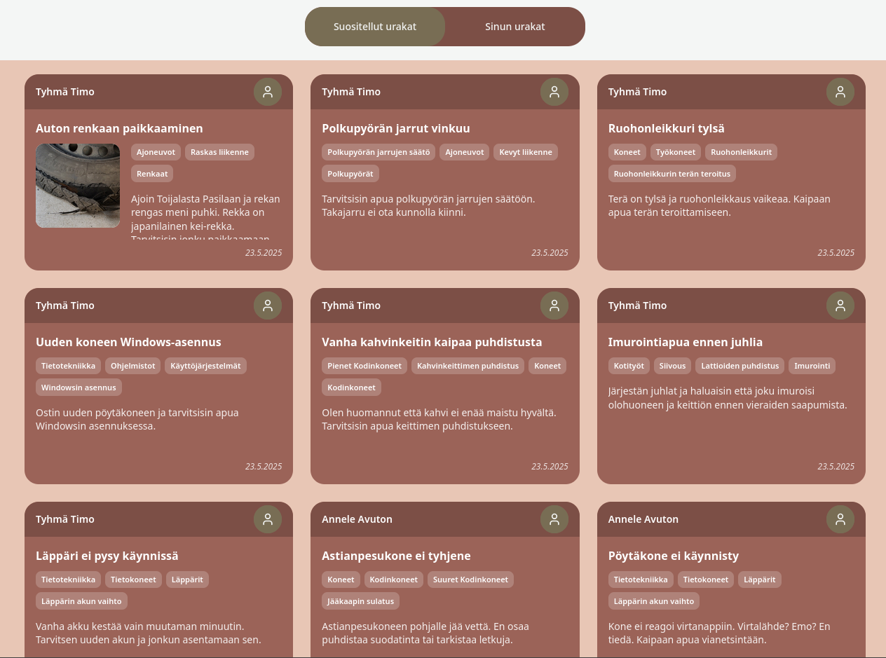 Urakkatori webapp dashboard